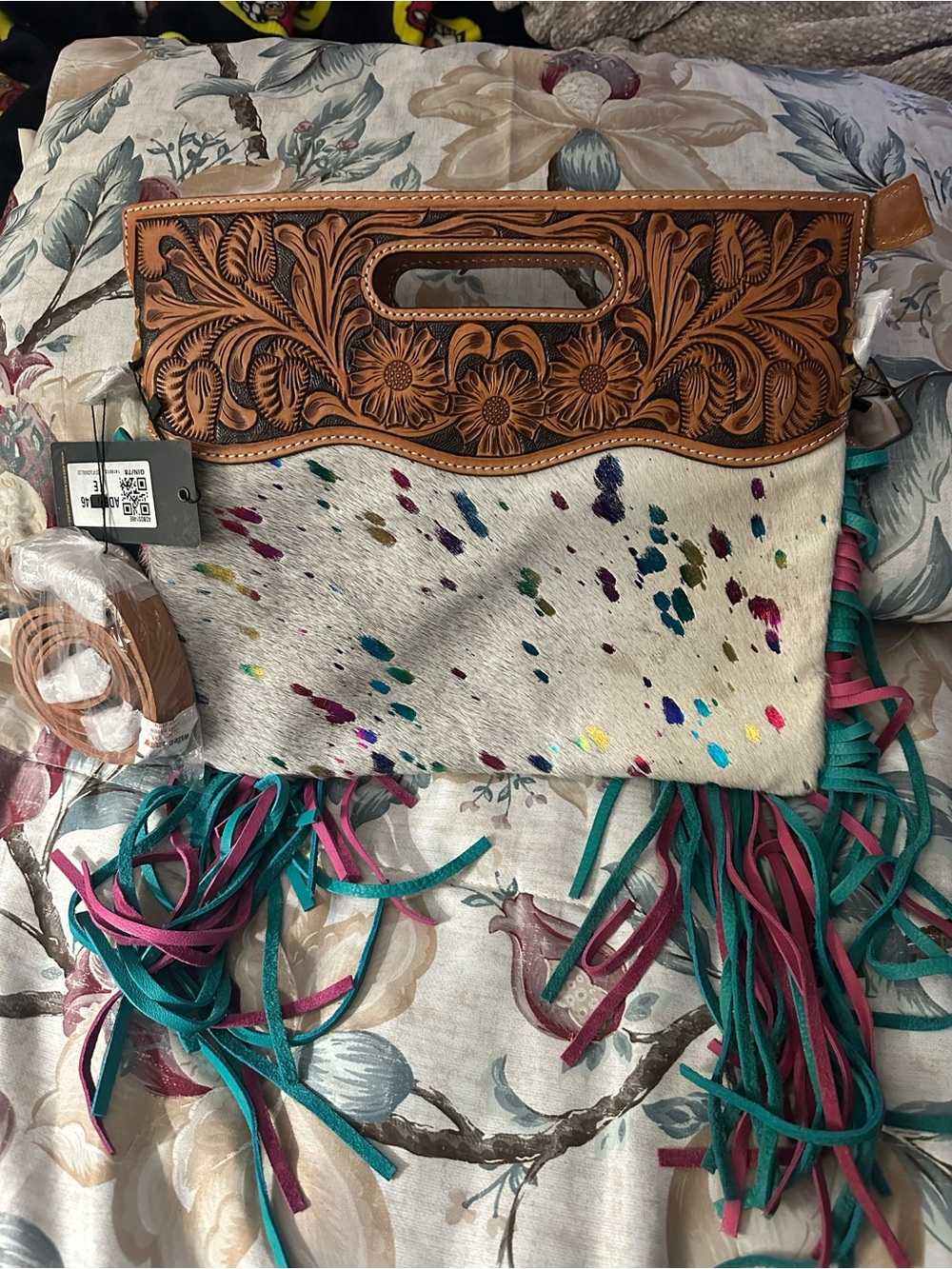 Hand-Tooled Leather Fringe Clutch with Multicolor Speckle /crossbody strap NWT
